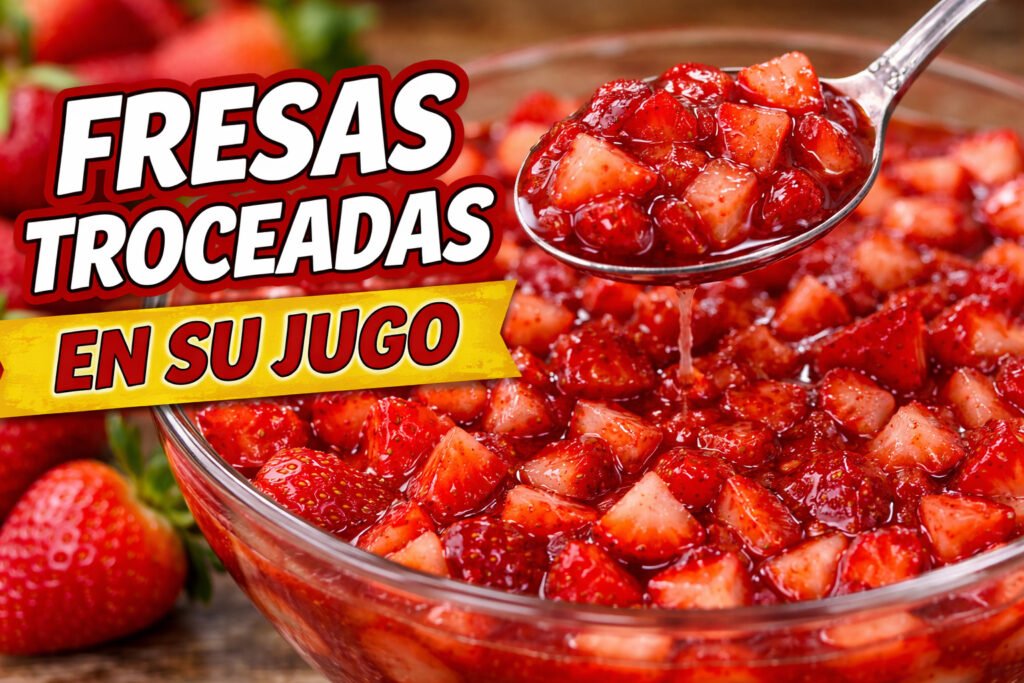 Fresas troceadas en su jugo en un bol de vidrio, receta casera